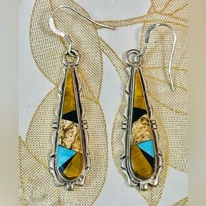 Native American Navajo Tiger Eye Turquoise Teardrop Inlay Dangles Earrings